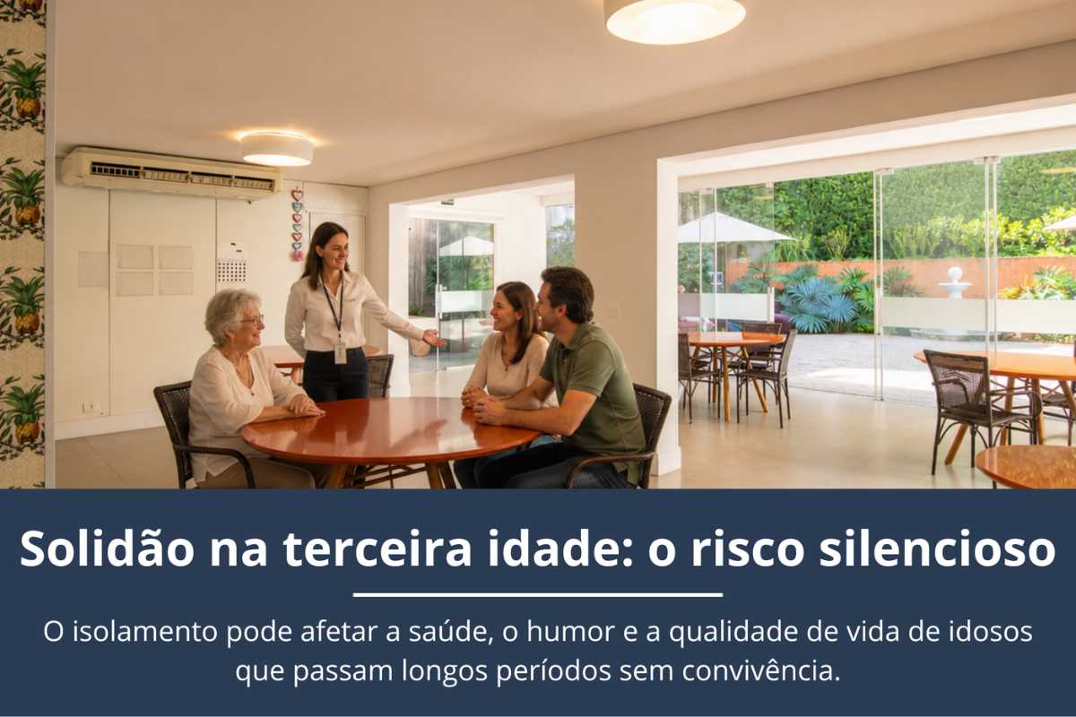 Arte com idosos conversando à mesa de um espaço de convivência e a frase sobre solidão
