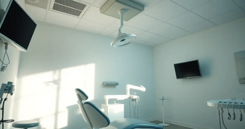 Consultório odontológico vazio com cadeira e refletor desligado