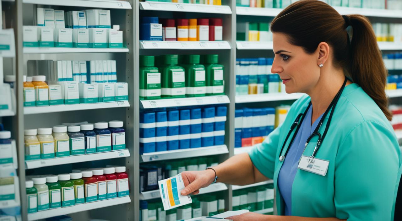Atendente de uniforme verde-água retirando uma caixa de medicamento da prateleira da farmácia