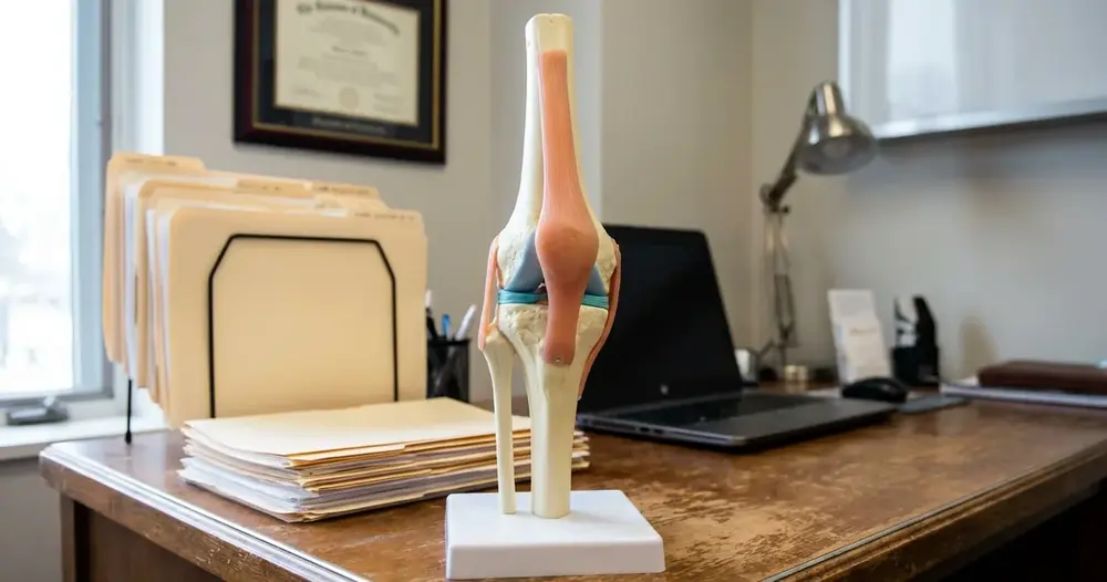modelo anatômico de joelho sobre mesa de consultório